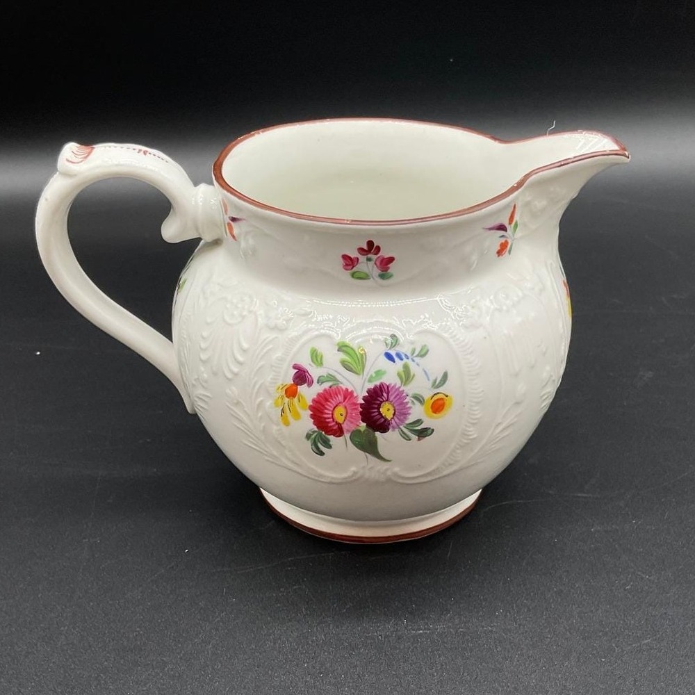 Antique Embossed Floral Creamer Pitcher Unmarked Red Rim 4" Hand Painted England